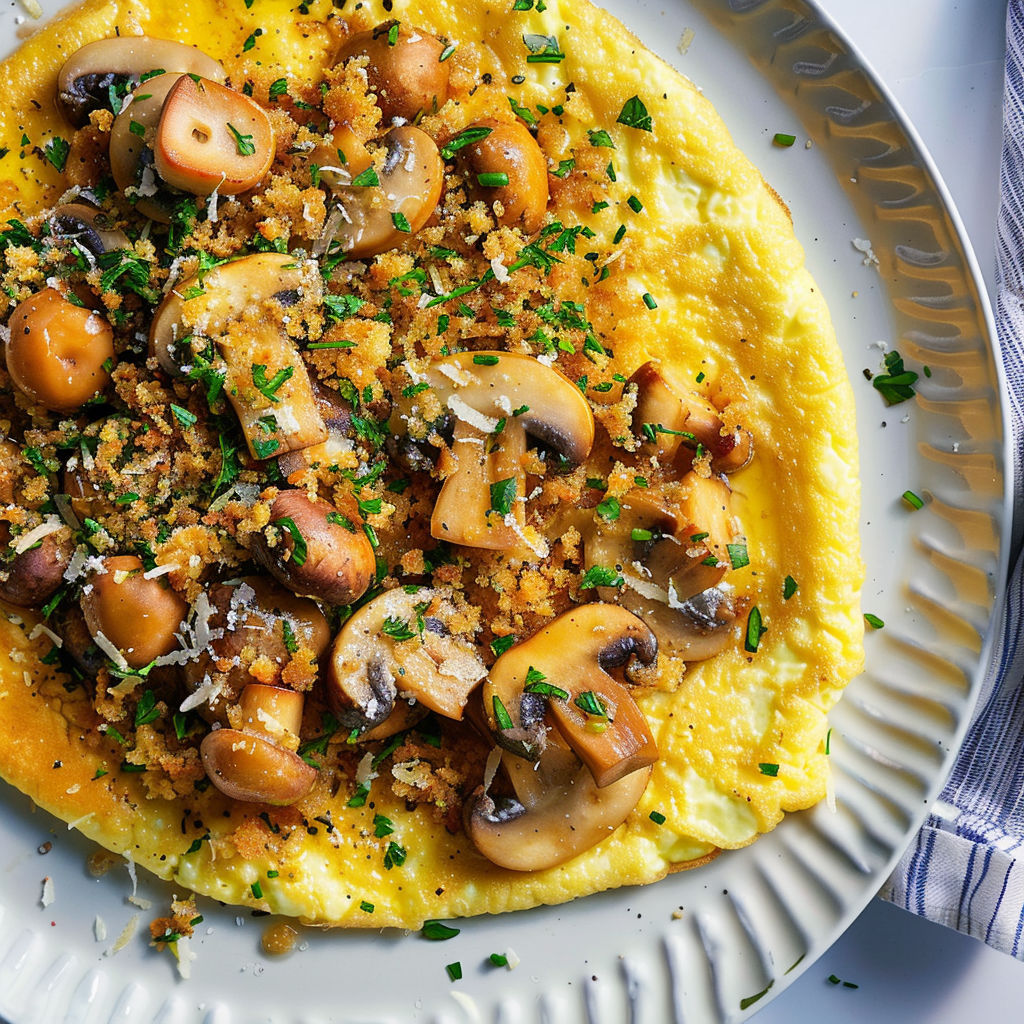 Une omelette garnie de champignons et d’une chapelure aux herbes sur une assiette.