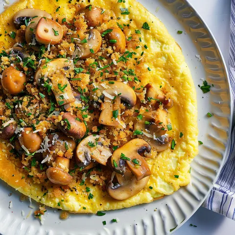Une omelette garnie de champignons et d’une chapelure aux herbes sur une assiette.