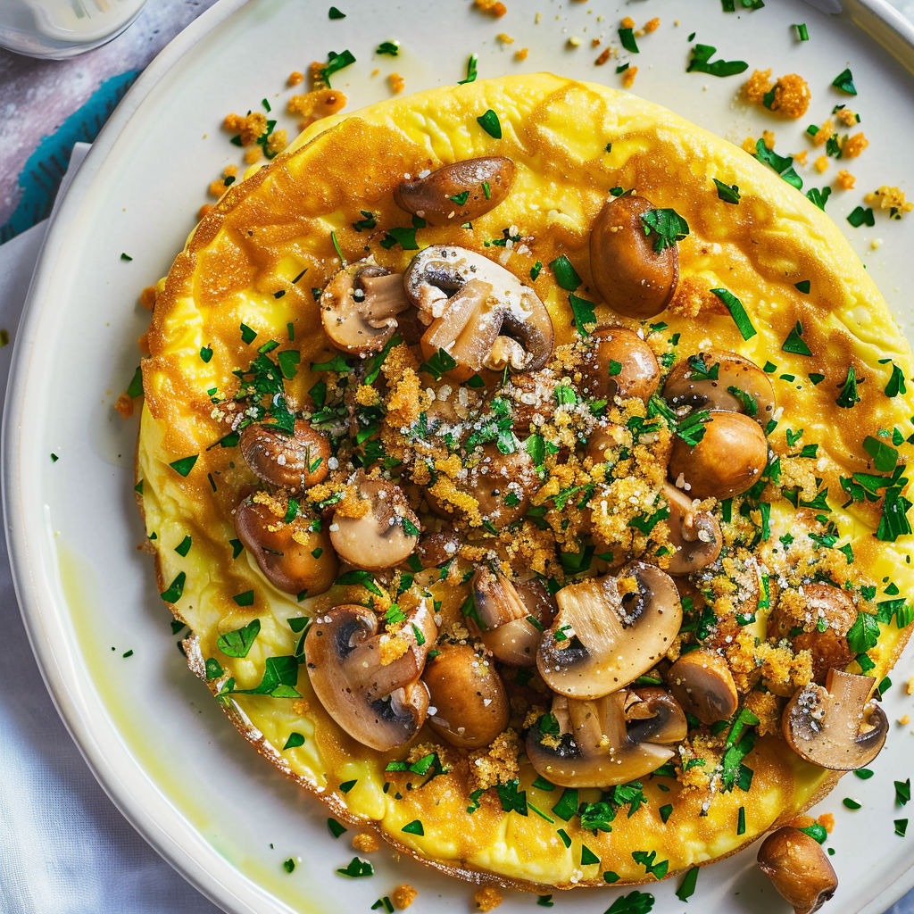 Une grande omelette aux champignons rôtis et chapelure croustillante est posée sur un plat.
