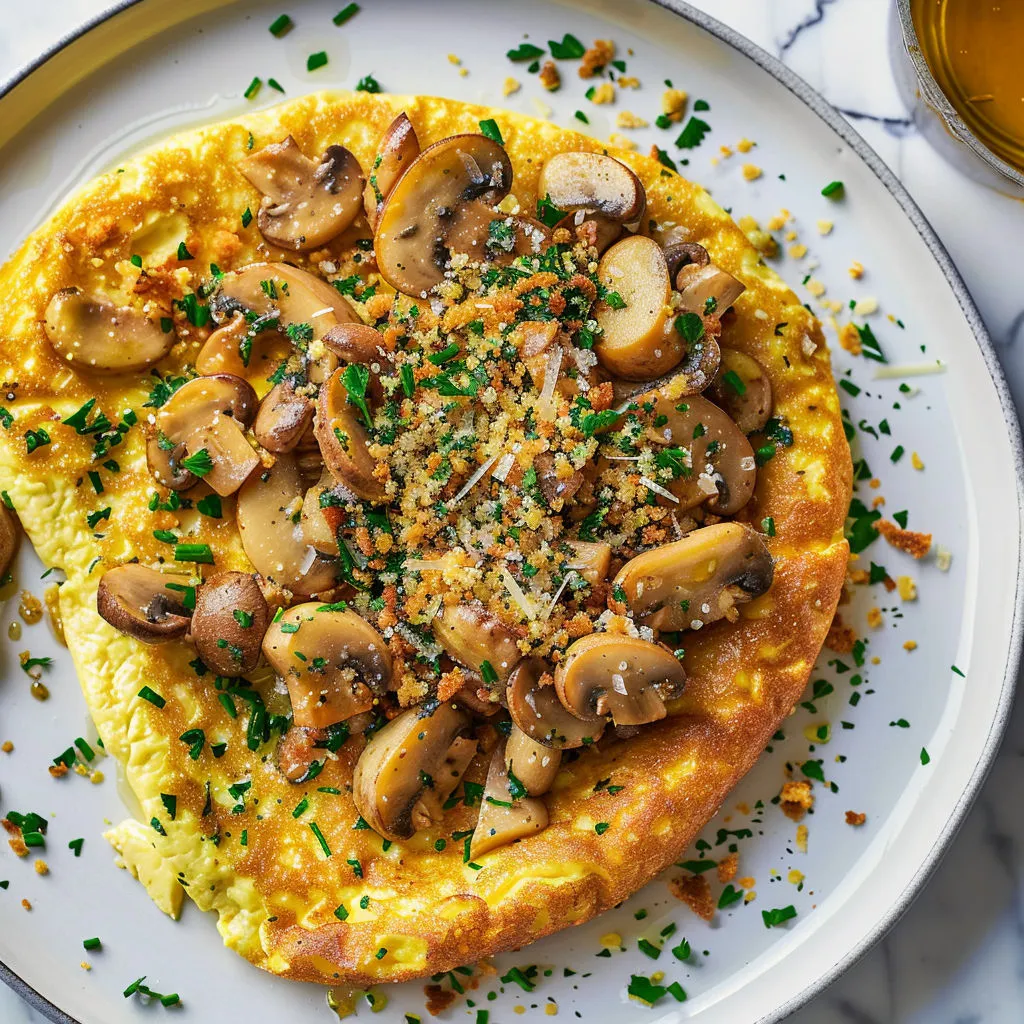 Une omelette dorée aux champignons et croûtons d’herbes posée joliment sur un plat.