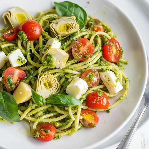 Un plat de pâtes au pesto, aux artichauts et aux tomates cerises.