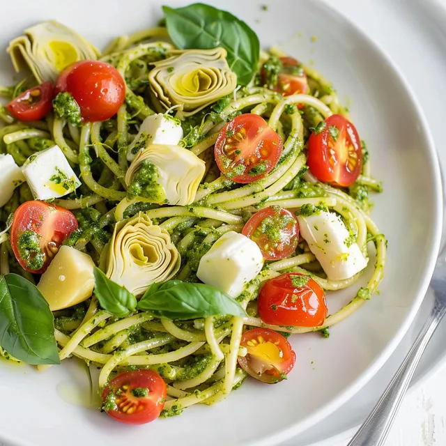 Un plat de pâtes au pesto, aux artichauts et aux tomates cerises.