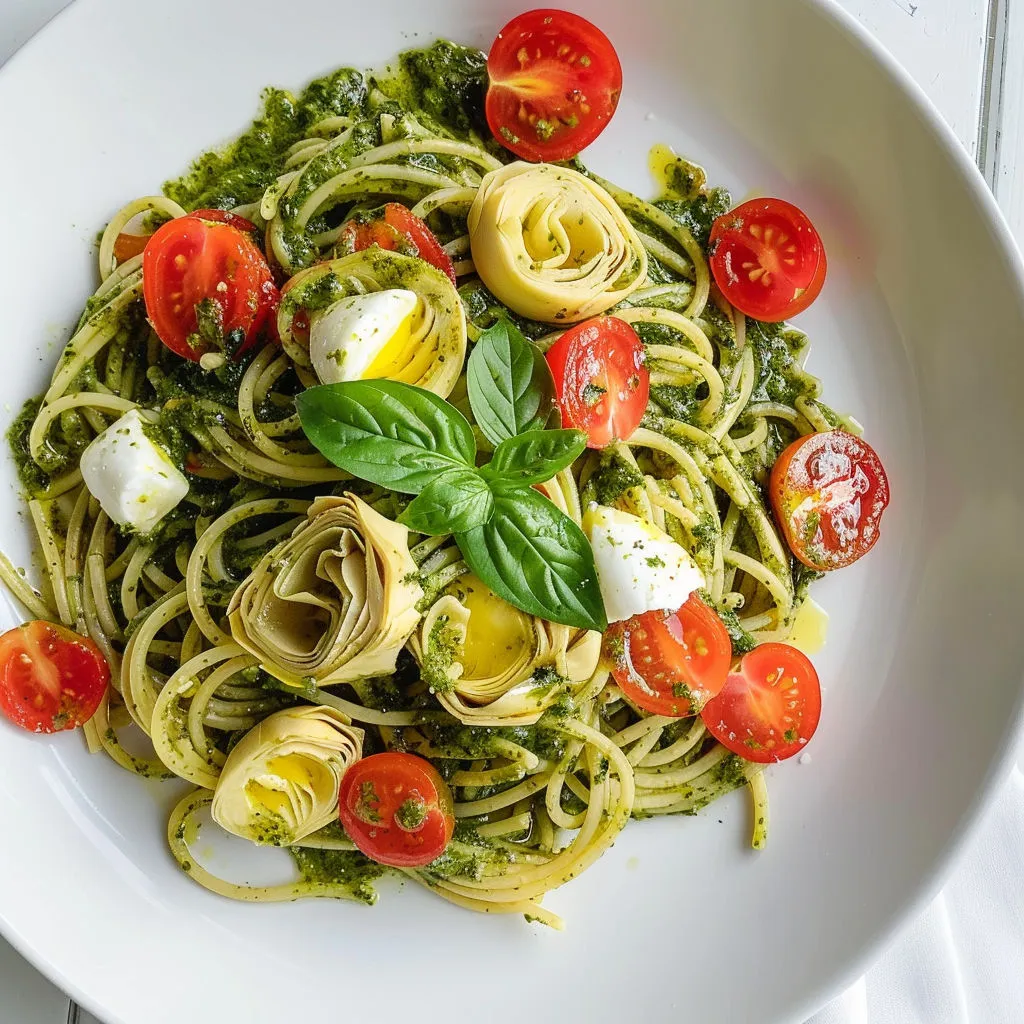 Assiette de spaghettis bien gourmands au pesto, artichauts et tomates cerises.