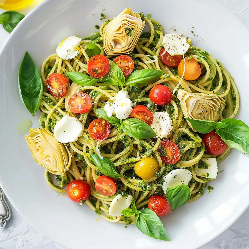 Spaghettis au basilic pleins de fraîcheur, bocconcinis, artichauts et tomates.