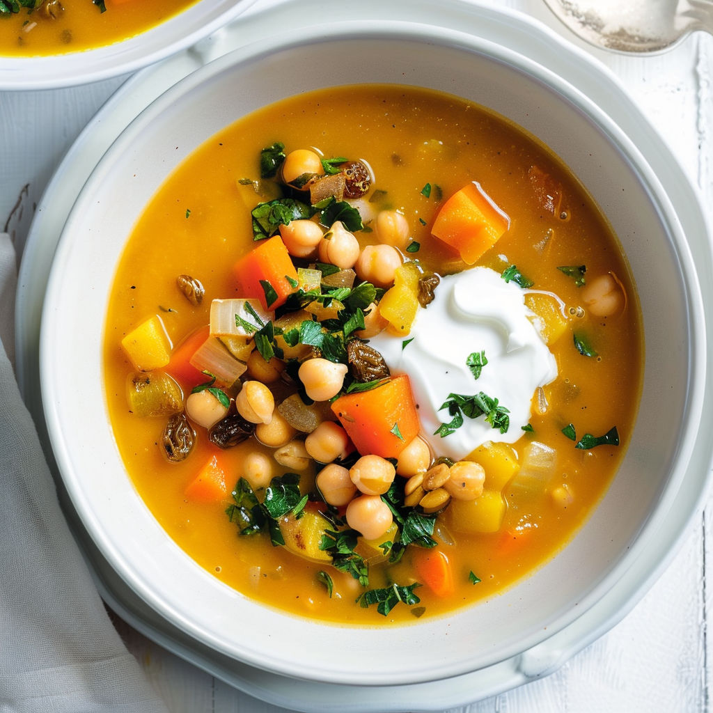 Un bol généreux de soupe chaude aux légumes racines, pois chiches et épices douces.