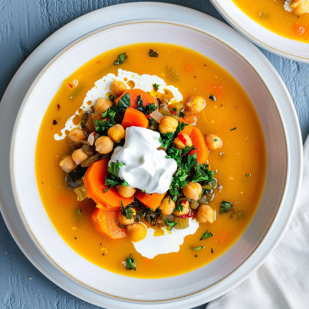 Un grand bol de soupe épicée aux légumes, pois chiches, herbes fraîches, raisins et yaourt.