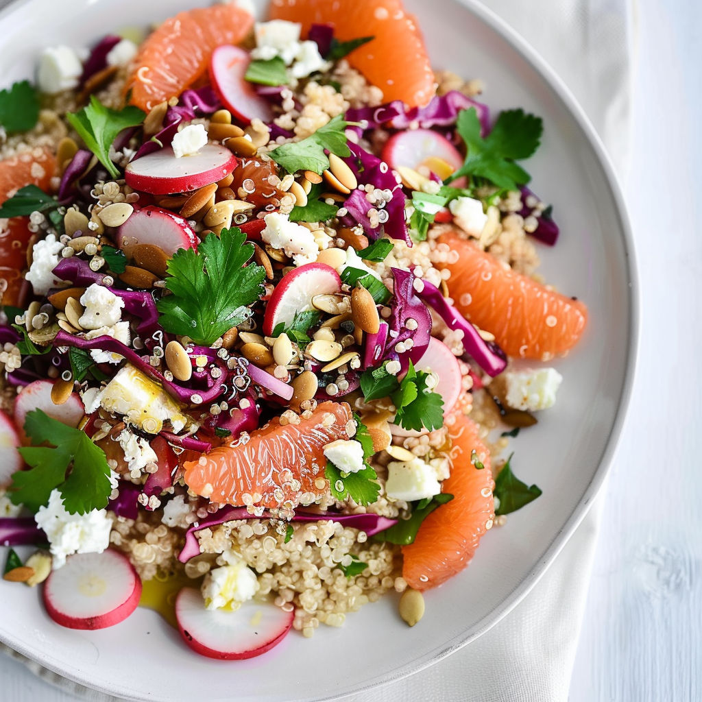 Un bol plein de morceaux d’oranges, raisins, pamplemousse, noix, épinards et fromage.