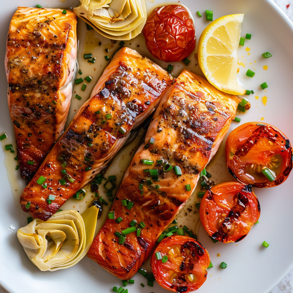 Plat de saumon grillé avec tomates et artichauts.