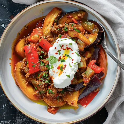 Plat mijoté d'aubergines, agneau et poivrons aux épices.
