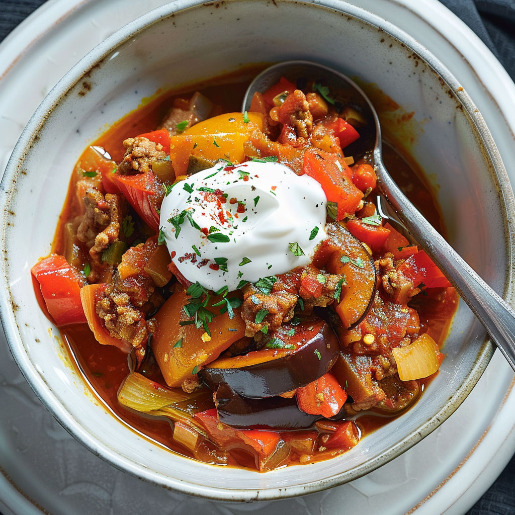 Mijoté d’aubergine tendre avec viande hachée et poivrons.
