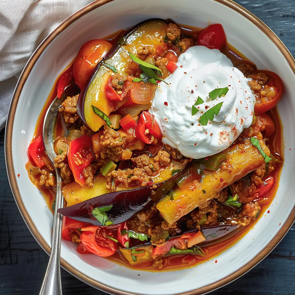 Bol d’aubergine fondante avec yaourt grec et origan.