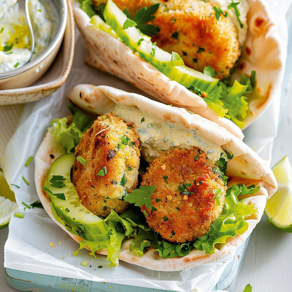 Des pitas garnis de croquettes de poisson dorées, laitue craquante et concombres en lamelles fraîches.