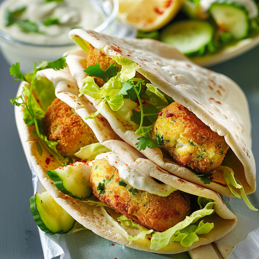 Un pita gourmand rempli de croquettes de poisson, de légumes croquants et d’une sauce citron bien fraîche.