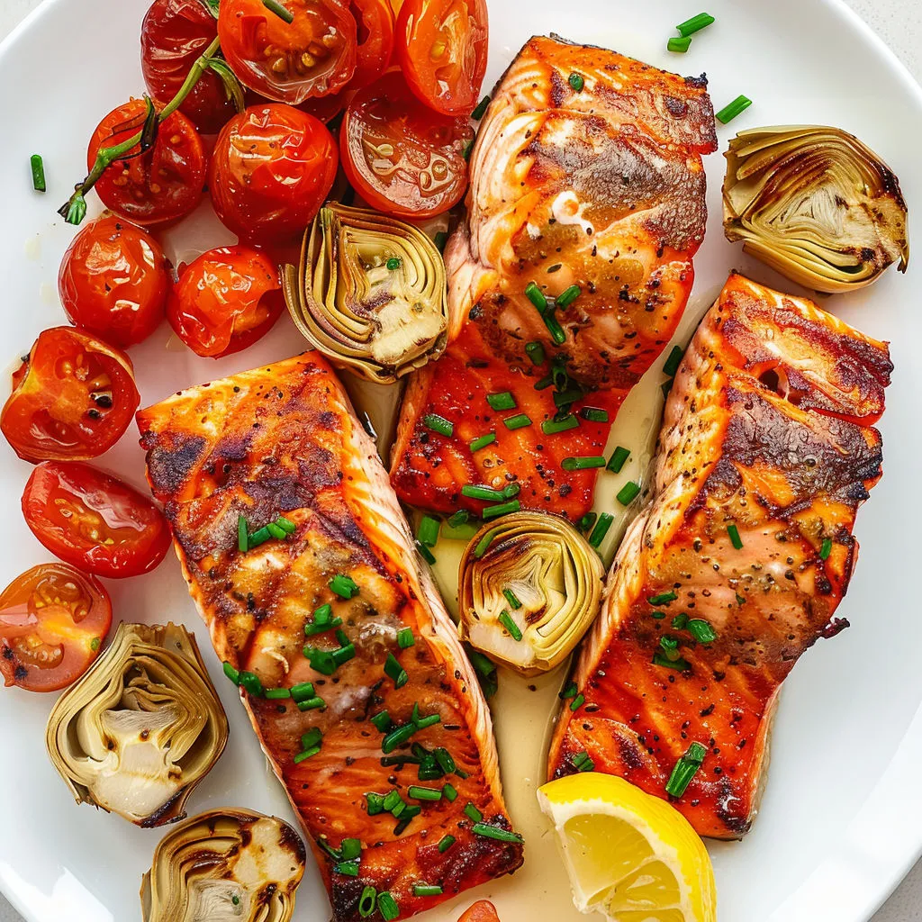 Assiette blanche avec tomates confites, artichauts, et saumon bien grillé, plus une cuillère et une fourchette.