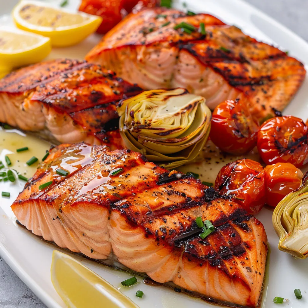 Saumon grillé avec légumes fondants et un quartier de citron.