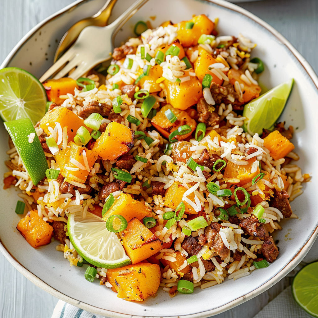 Bol de riz avec légumes verts, carottes et poivrons posé sur une table.