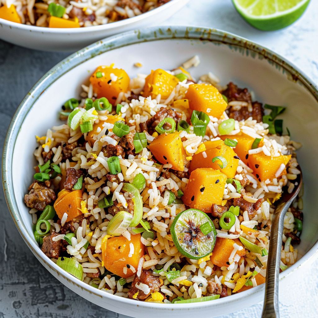 Bol de riz aux légumes avec carottes et pommes posé sur une table.