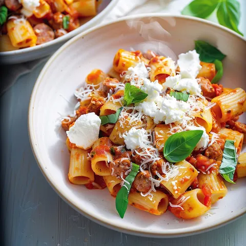 Un plat de pâtes gourmand avec ricotta, viande et herbes fraîches.