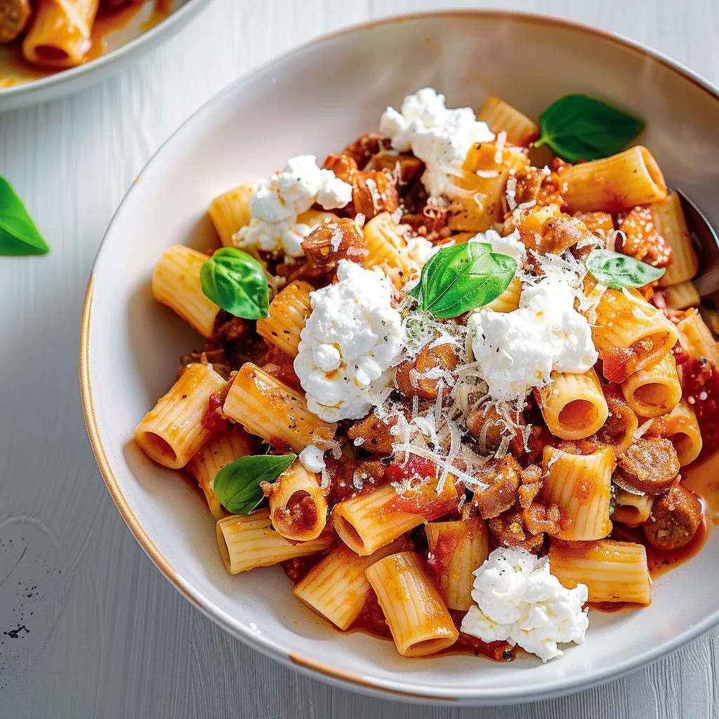 Un grand bol de pâtes courtes bien nappées d’une sauce crémeuse à la saucisse, surmontées de ricotta et de copeaux de parmesan.