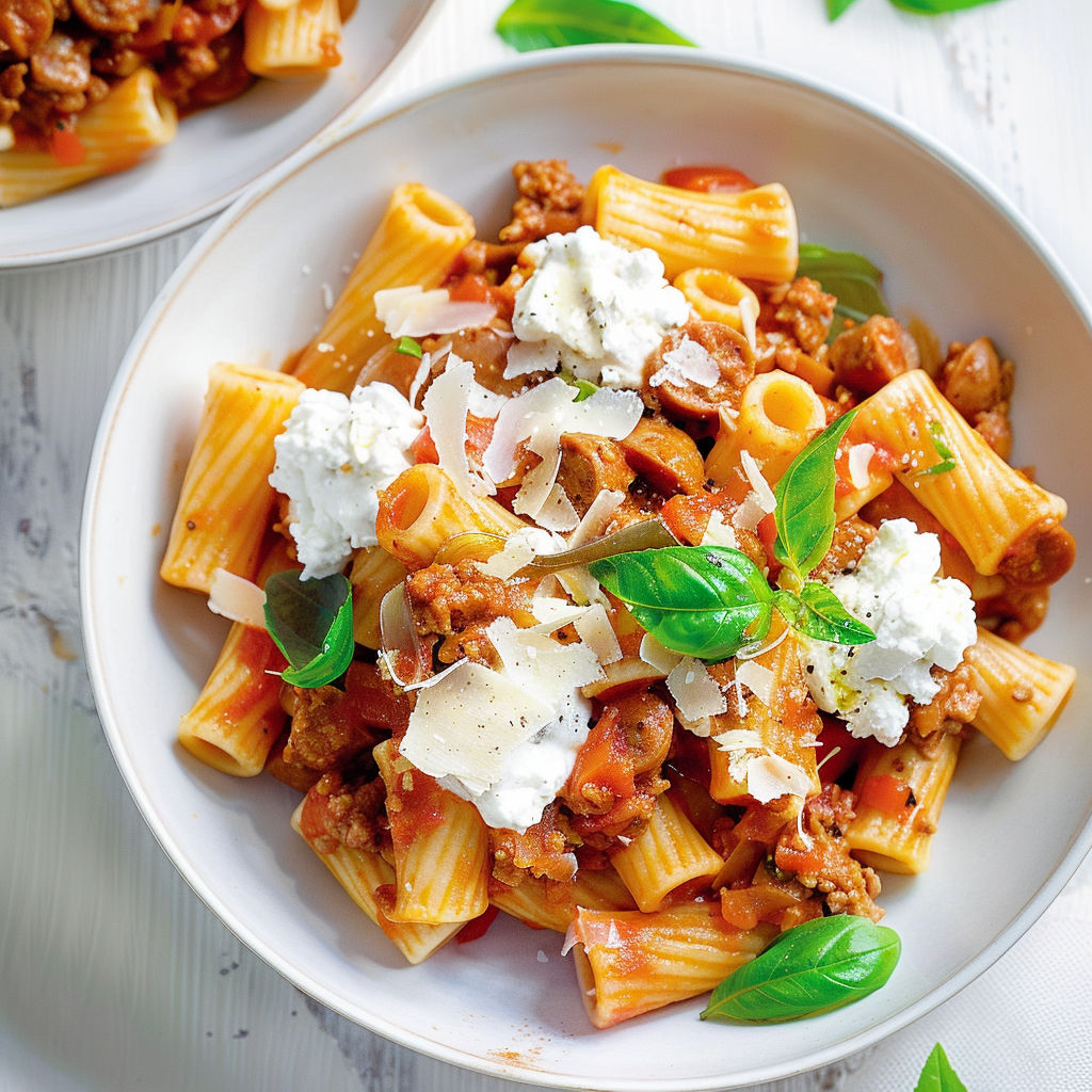 Une belle assiette de pâtes bien servies dans une sauce tomate à la saucisse, décorées de ricotta et de basilic frais.