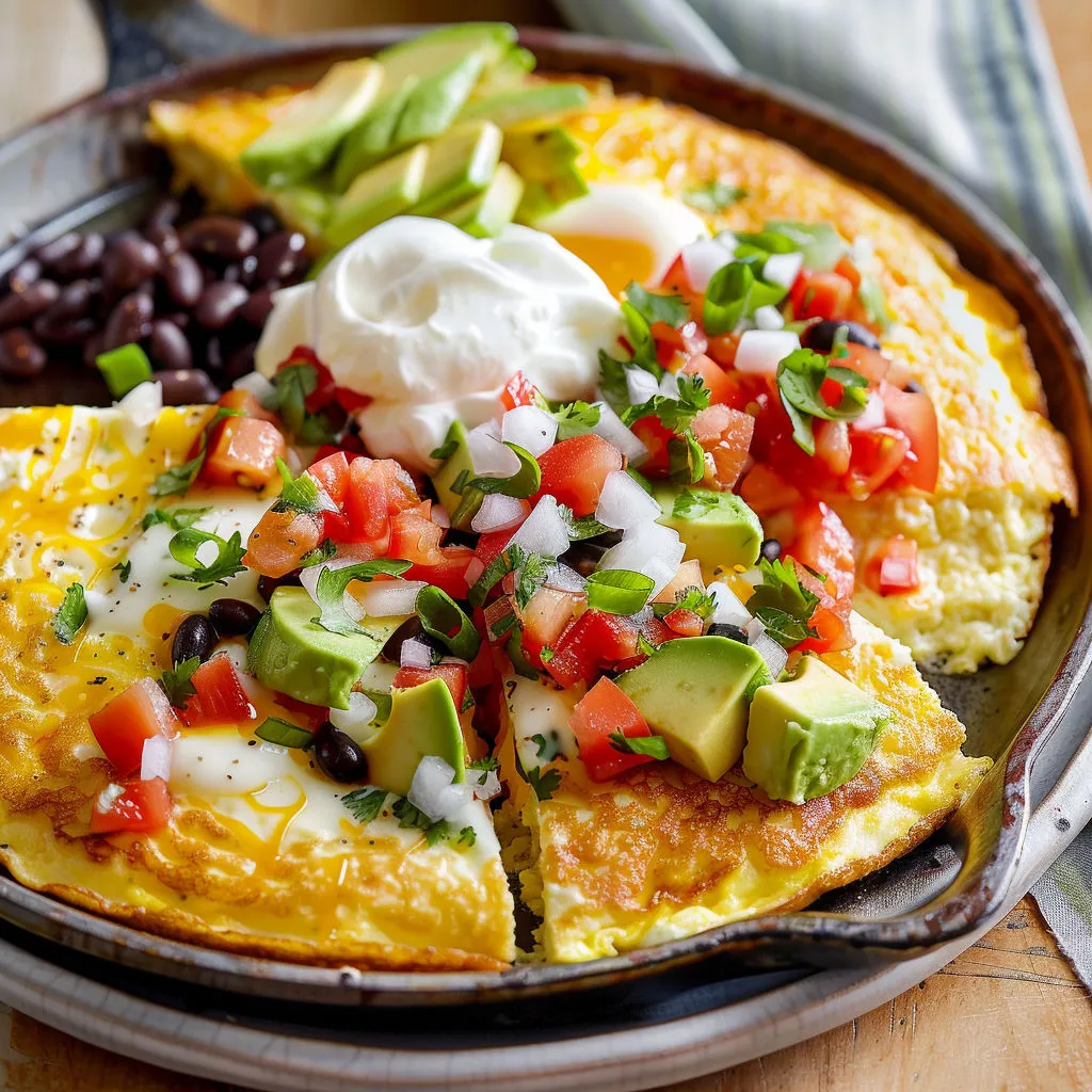 Plat en fonte contenant une omelette dorée et légère aux accents mexicains.