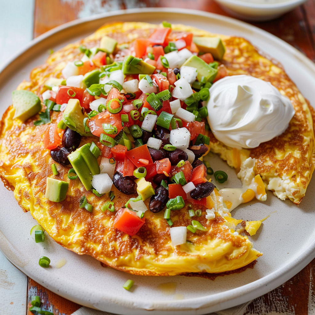 Omelette soufflée bien dorée au four, avec une salsa d’avocat, haricots noirs et cheddar fondant sur un plat en céramique.