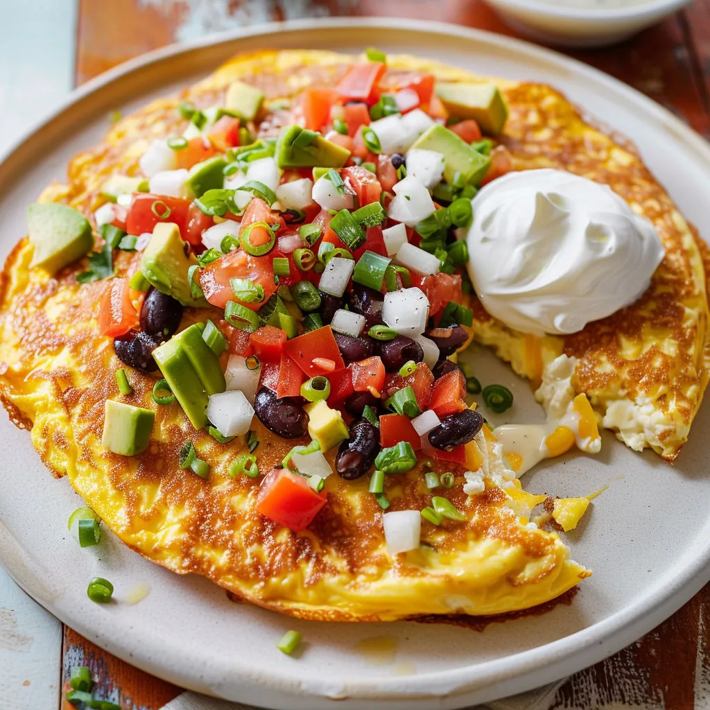 Omelette soufflée bien dorée au four, avec une salsa d’avocat, haricots noirs et cheddar fondant sur un plat en céramique.