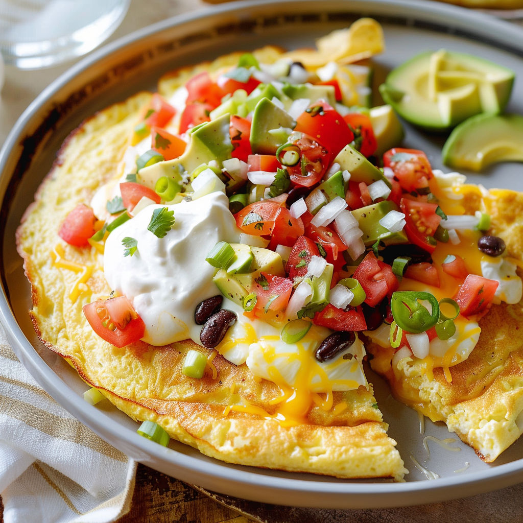 Omelette mexicaine bien épaisse au fromage, nappée de salsa acidulée et d’herbes fraîches croquantes.
