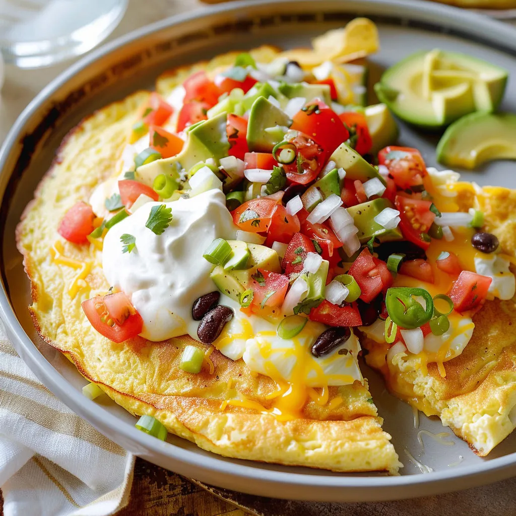 Omelette mexicaine bien épaisse au fromage, nappée de salsa acidulée et d’herbes fraîches croquantes.