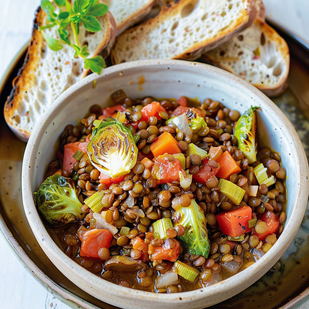 Plat mijoté aux lentilles du Puy et légumes d'hiver, avec une tranche de pain doré.