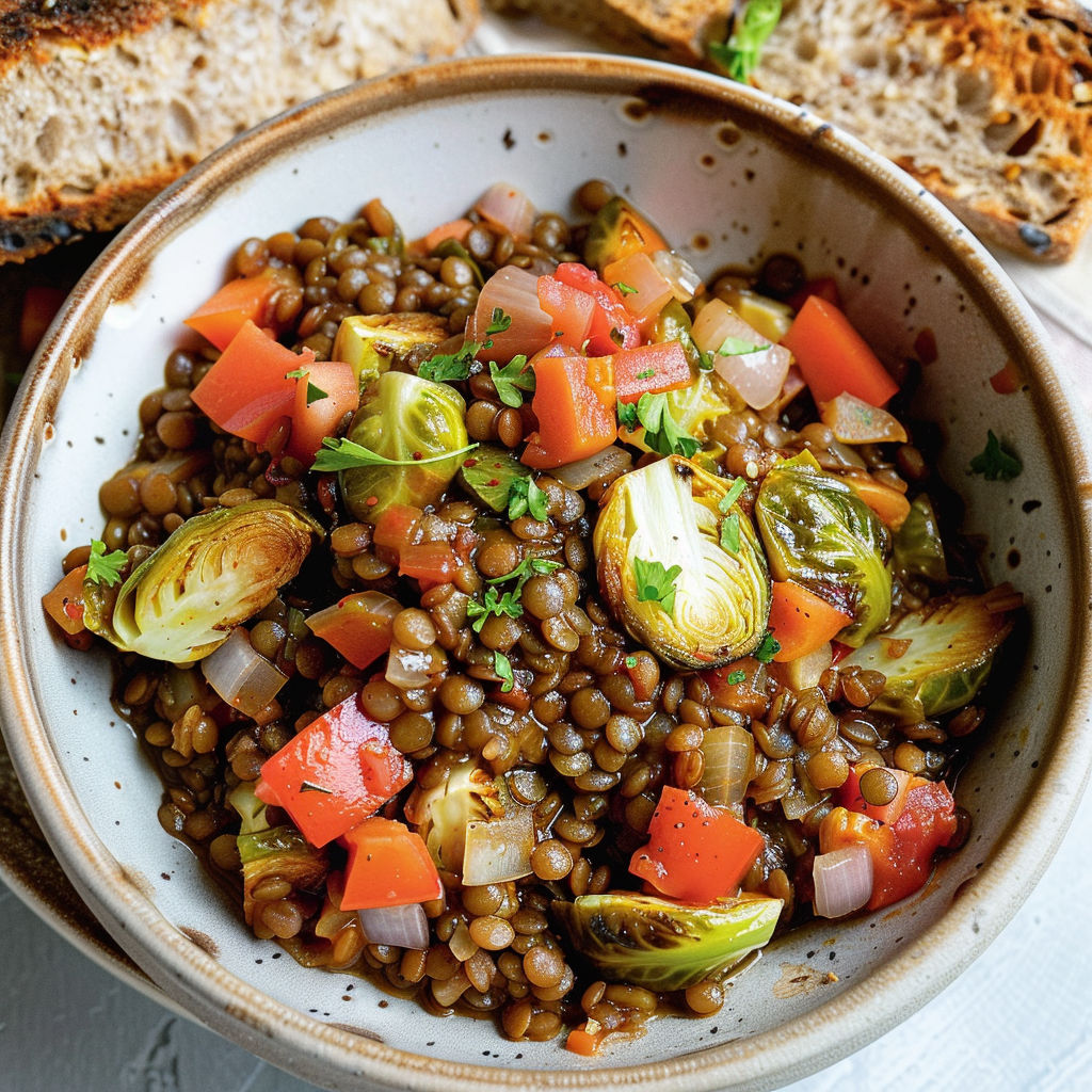 Un généreux plat mijoté plein de légumes d’hiver et de champignons, accompagné de tranches de pain doré.