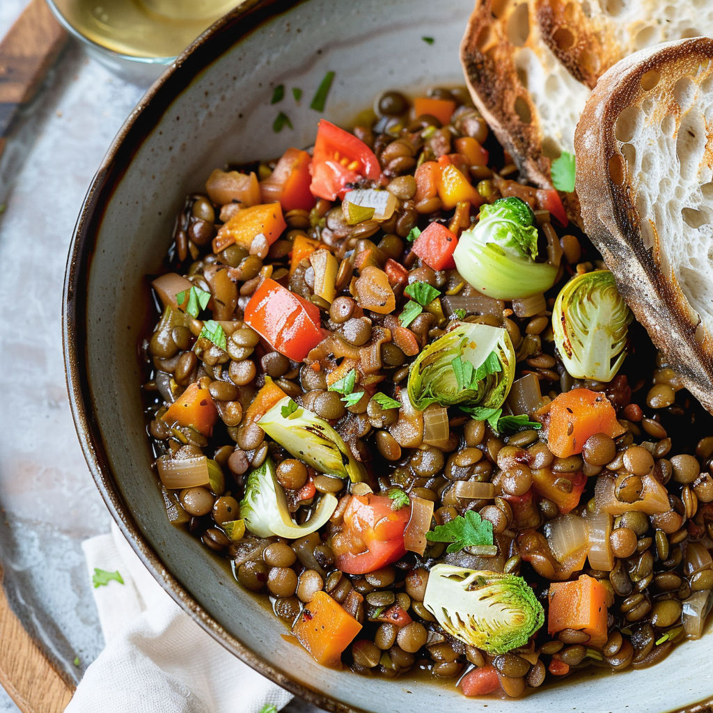 Un joli mijoté végétalien aux lentilles, avec des légumes dorés, des tomates fraîches et plein d’huile d’olive.