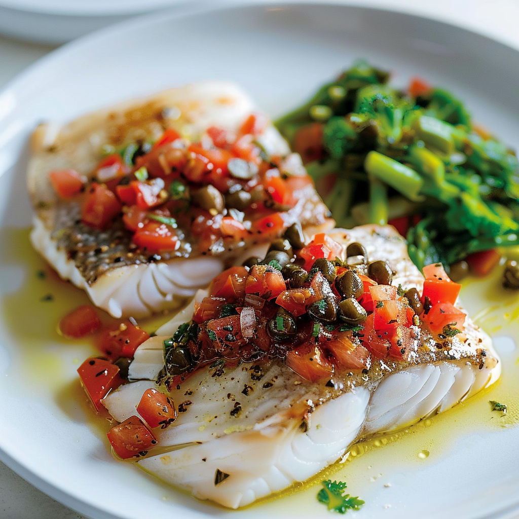 Du poisson doré accompagné d'une sauce vierge ultra fraîche aux tomates, olives noires, câpres et échalotes.