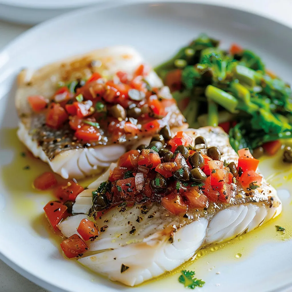 Du poisson doré accompagné d'une sauce vierge ultra fraîche aux tomates, olives noires, câpres et échalotes.