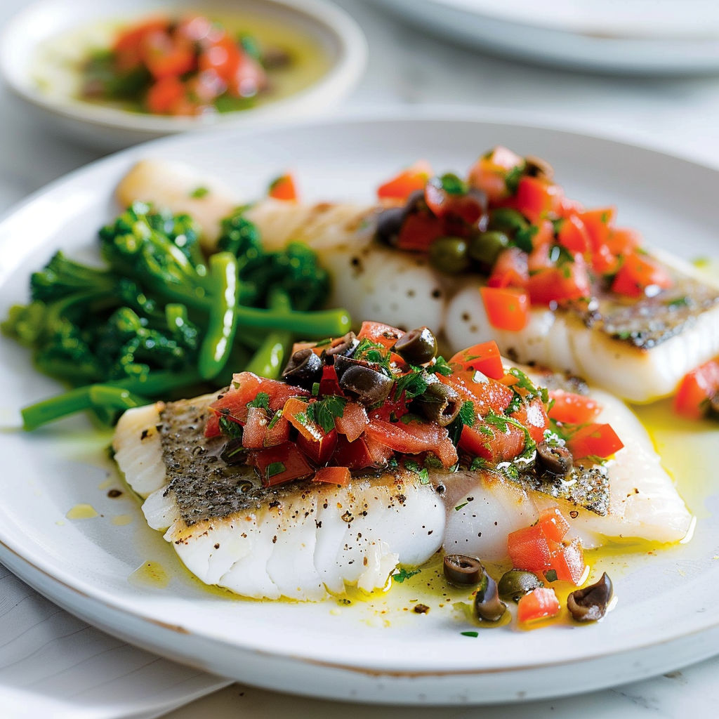 Joli poisson blanc poêlé recouvert d'une sauce méditerranéenne acidulée aux tomates fraîches et olives coupées.