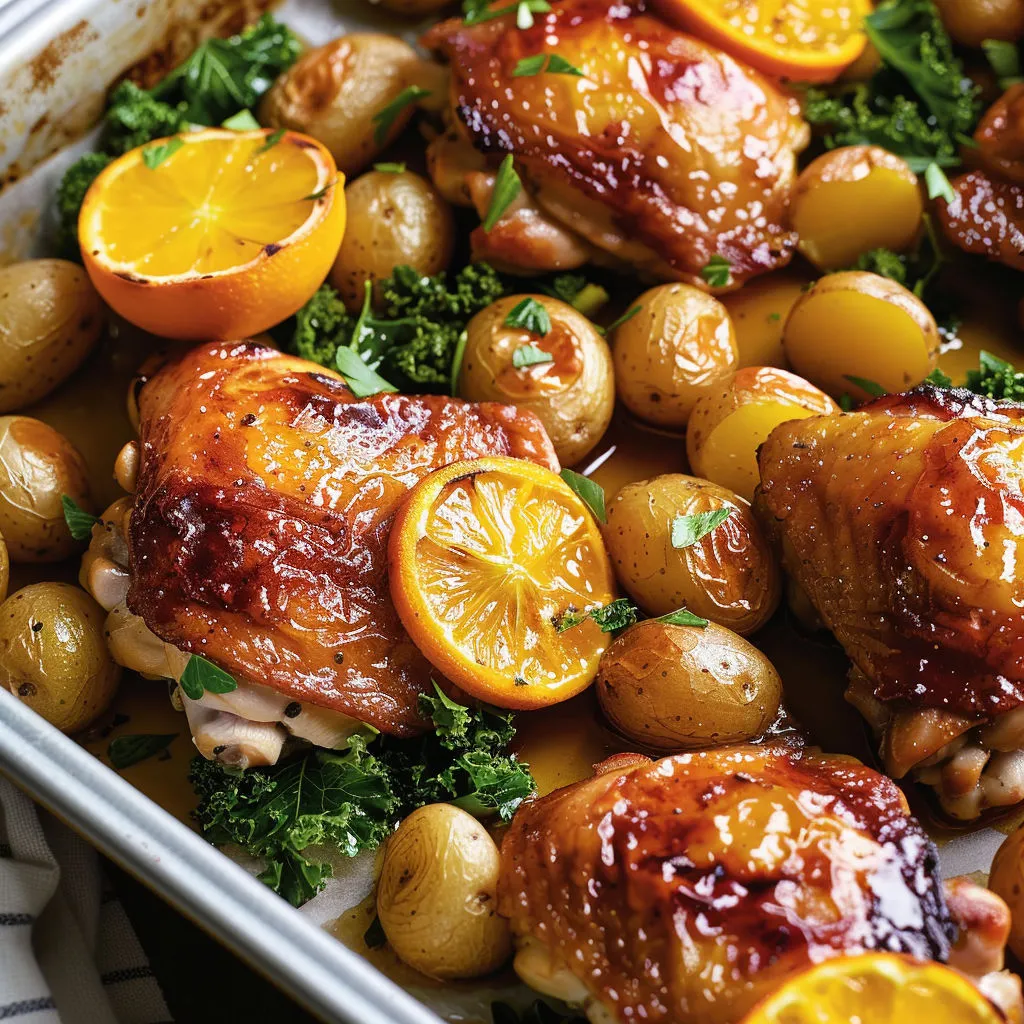 Poulet rôti avec oranges et pommes de terre au four, nappé de sauce miel.