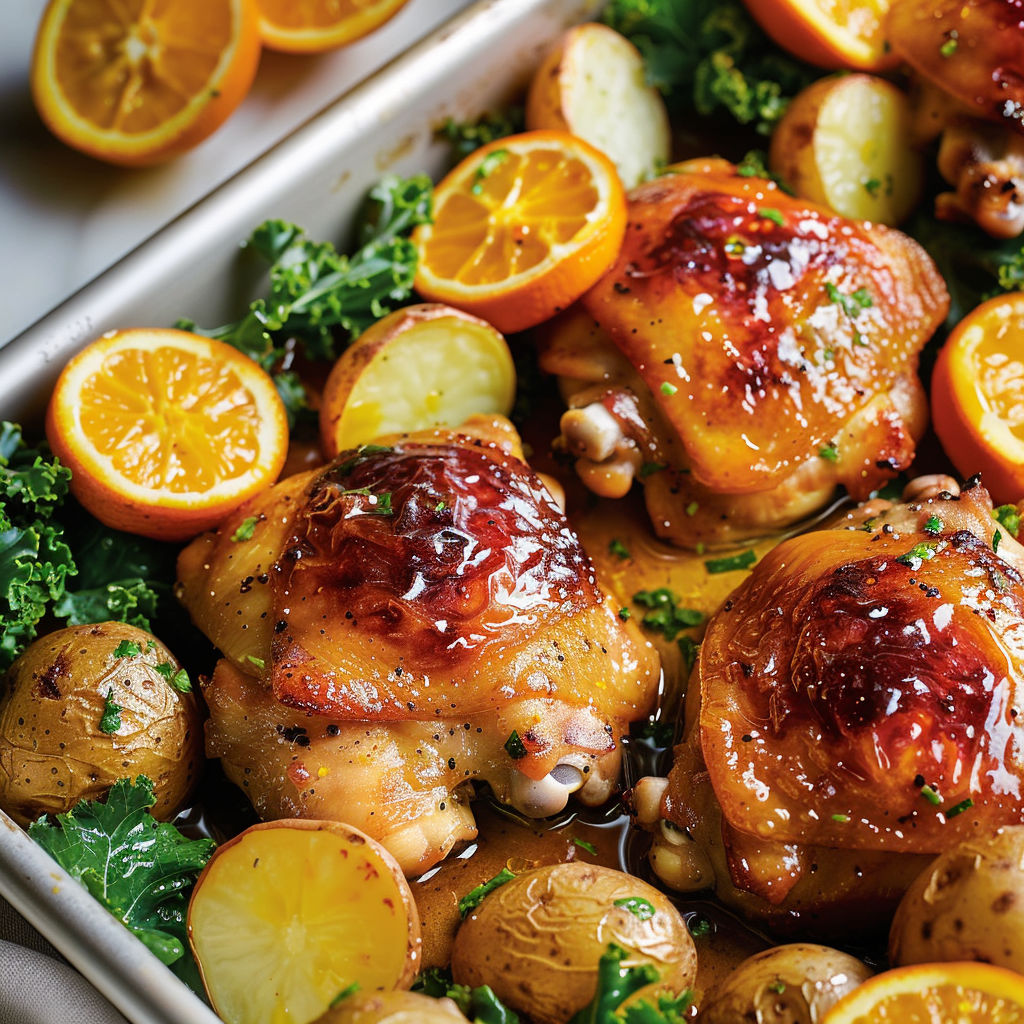 Des hauts de cuisse de poulet dorés au miel, relevés au piment d’Espelette et rôtis sur une plaque avec pommes de terre et oranges.
