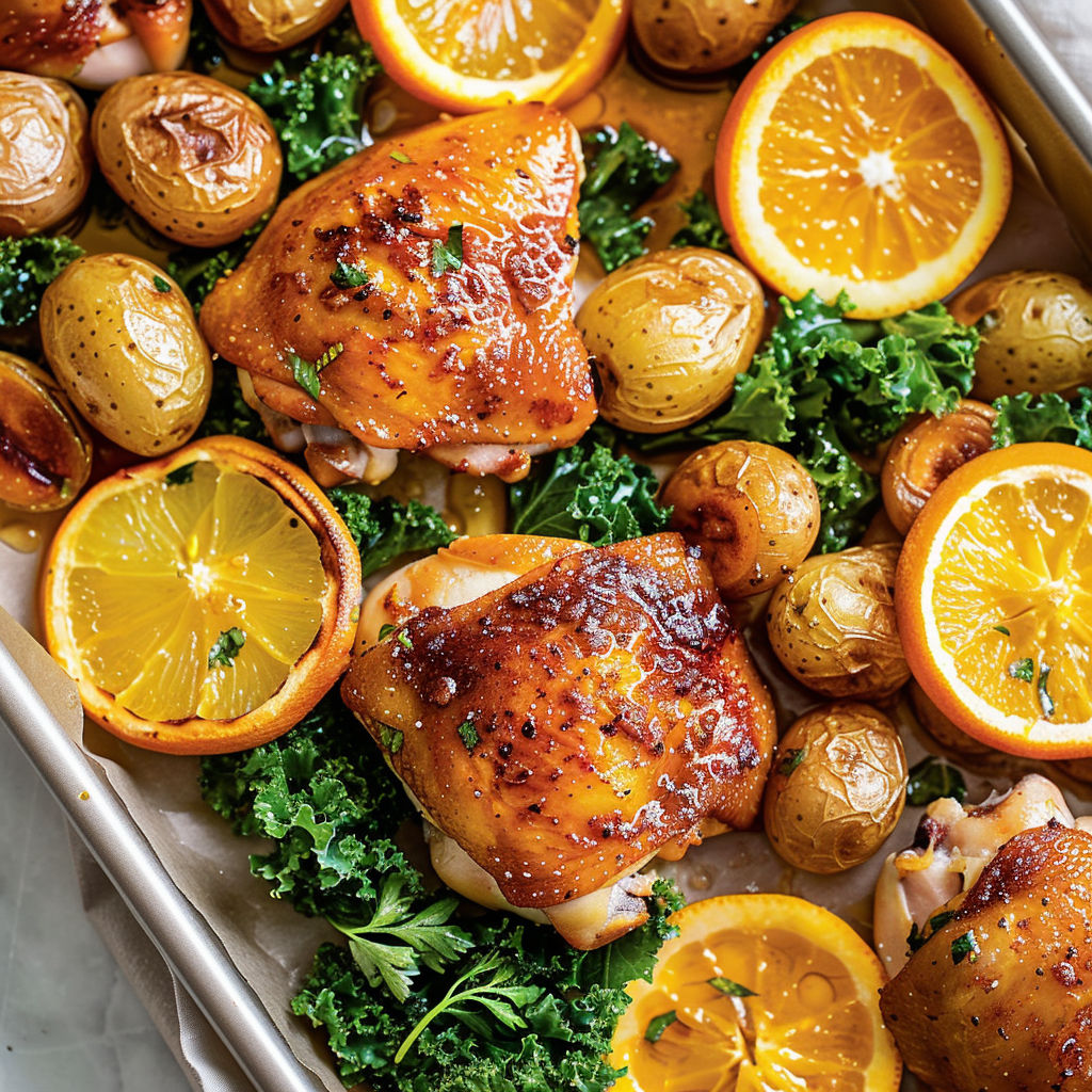 Un plat où le poulet a une peau dorée et croustillante, entouré de pommes de terre tendres et d’oranges rôties.