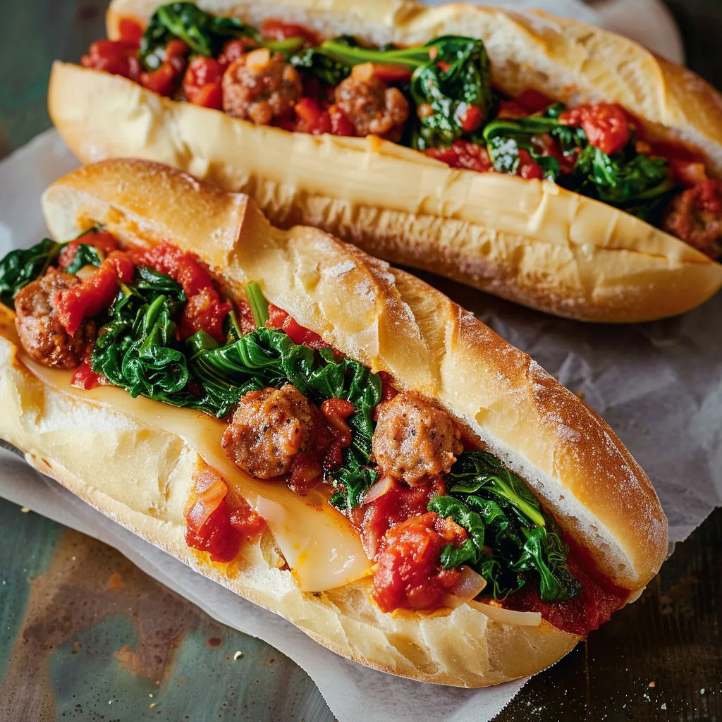 Un sandwich sous-marin garni de saucisse italienne cuisinée avec des tomates, des rapinis croquants et du fromage bien fondant.