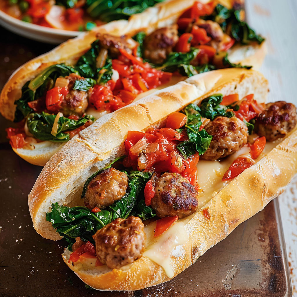 Un sandwich aux rapinis encore croquants et à la saucisse dorée, tout chaud sortant du four, avec des saveurs méditerranéennes.