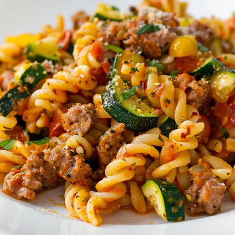 Un plat appétissant de pâtes avec courgettes et morceaux de saucisses bien dorées.