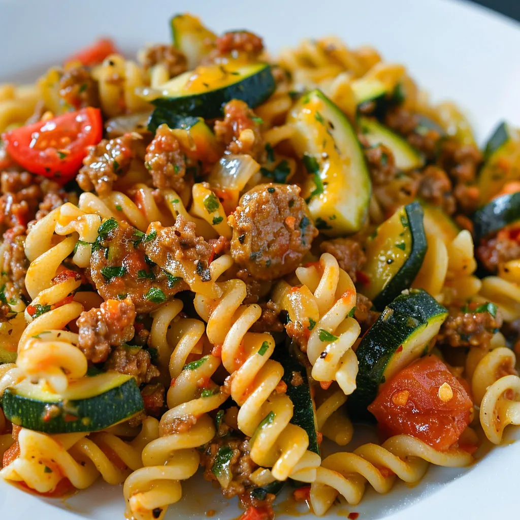 Bol de pâtes façon italienne avec saucisse et courgettes.