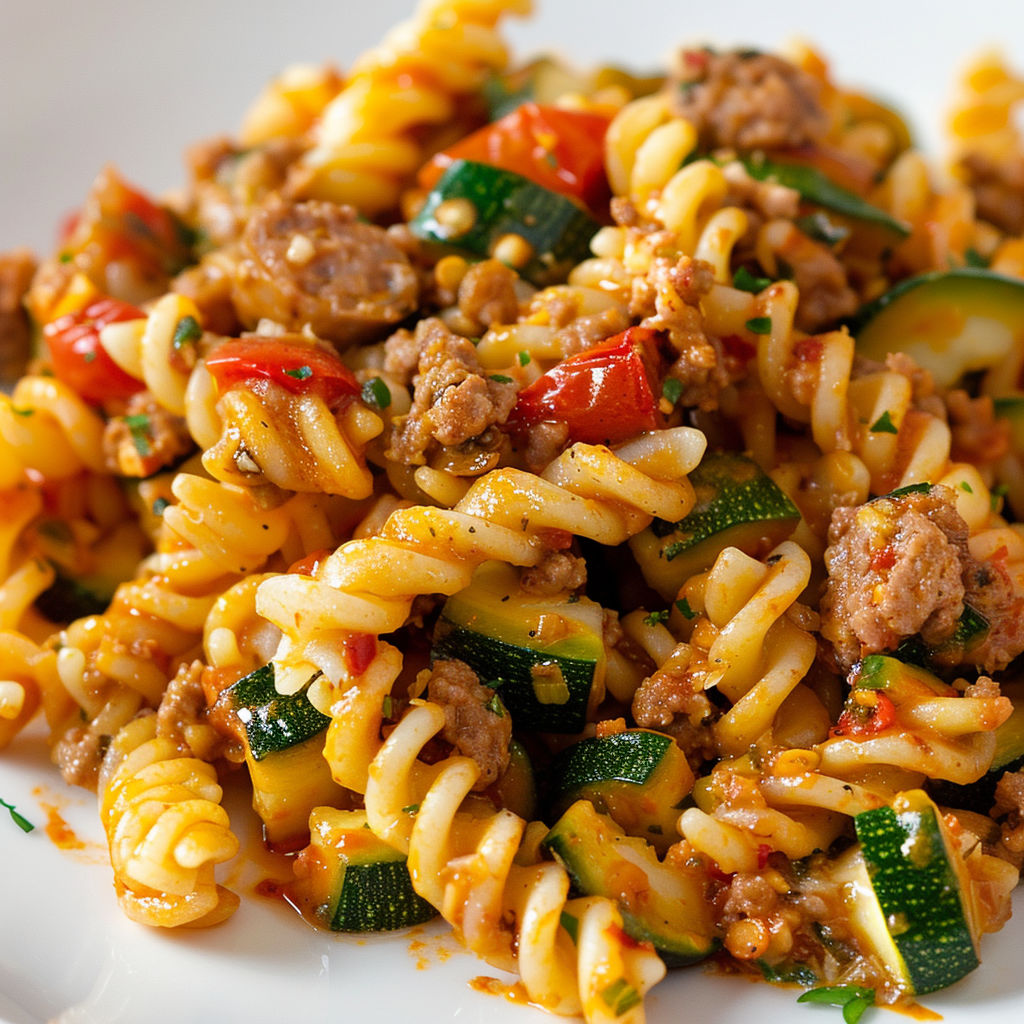 Bol de pâtes gourmandes avec saucisses et courgettes.