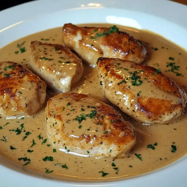 Poulet flambé au cognac recouvert d'une sauce crémeuse sur un joli plat blanc en porcelaine.