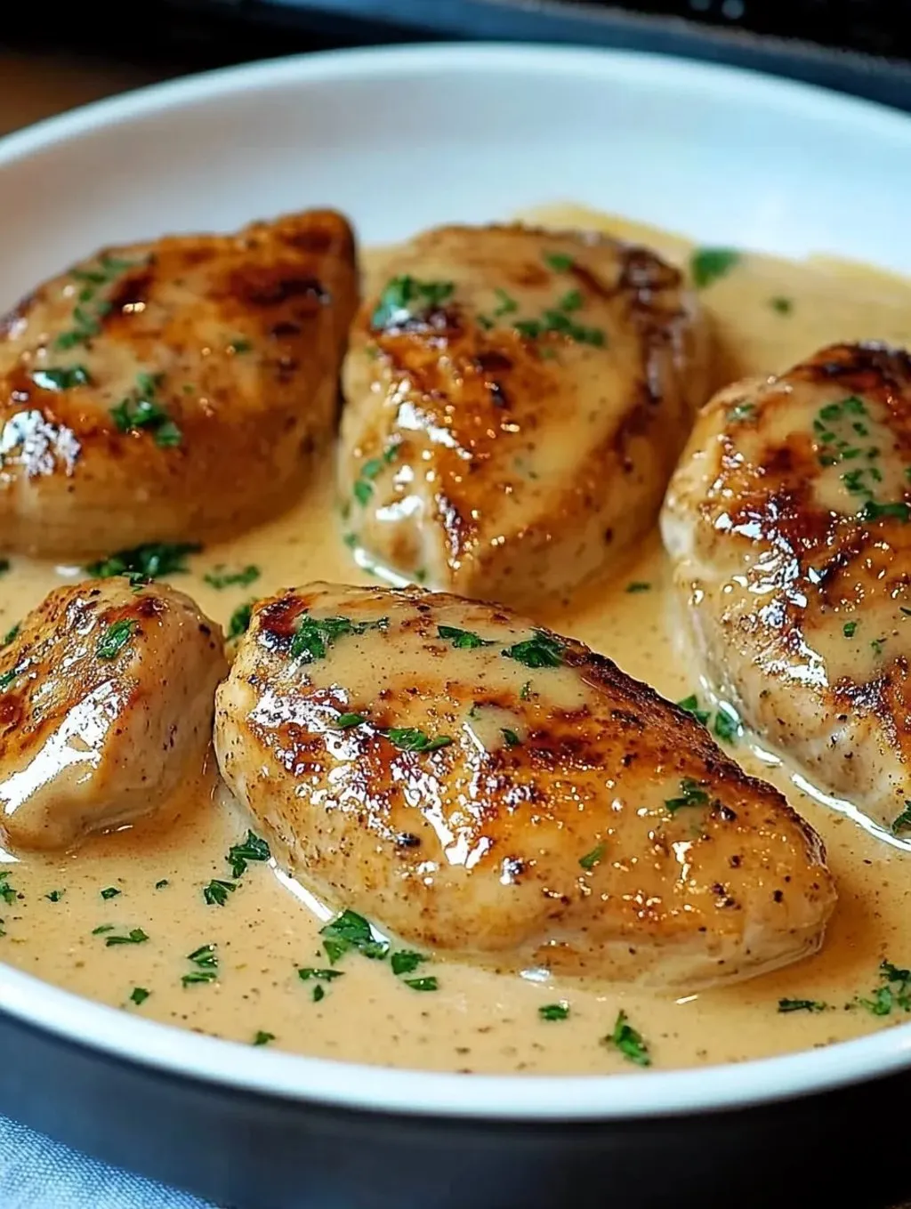 Des filets de poulet nappés de sauce crémeuse, posés sur une grande assiette blanche.
