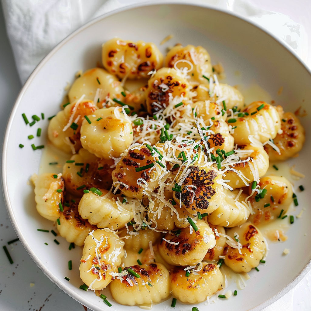 Gnocchis dorés avec chou-fleur et herbes fraîches par dessus.