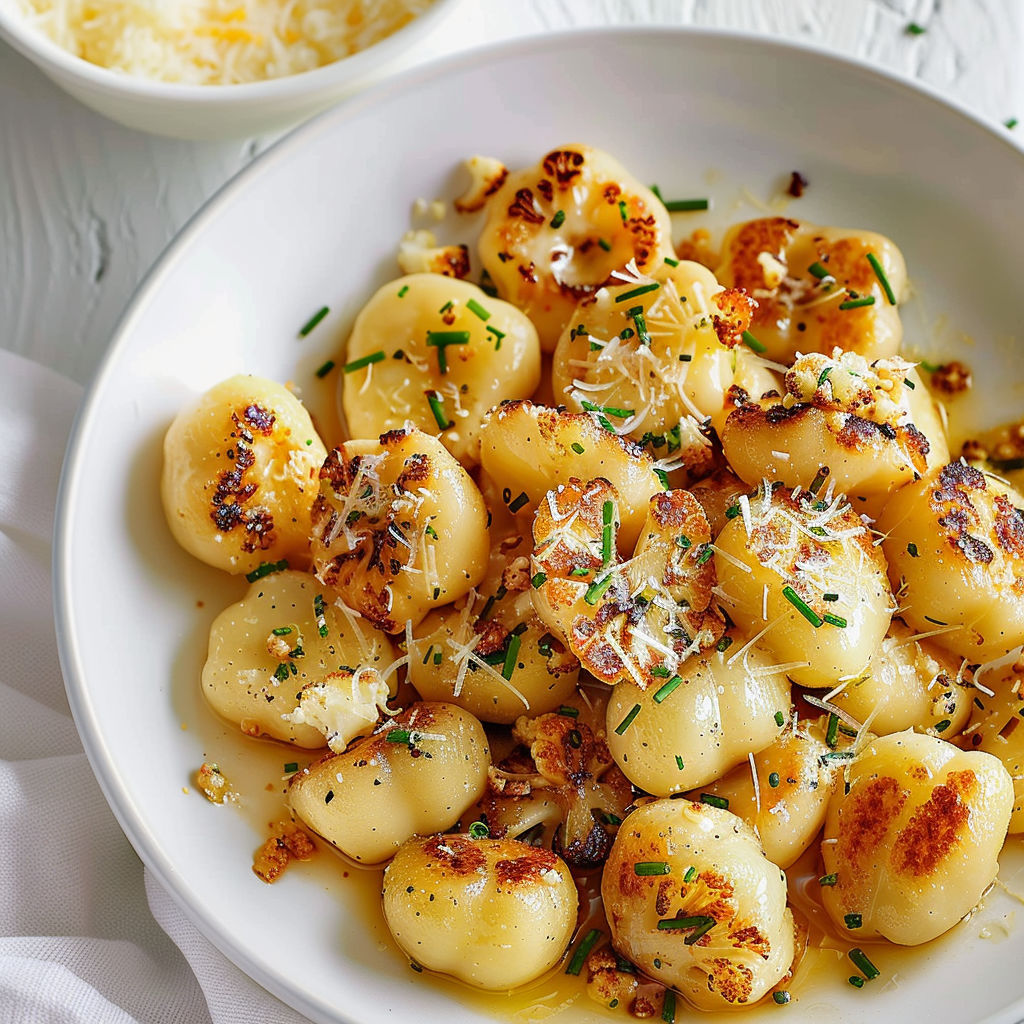 Gnocchis dorés servis avec parmesan et herbes fraîches.