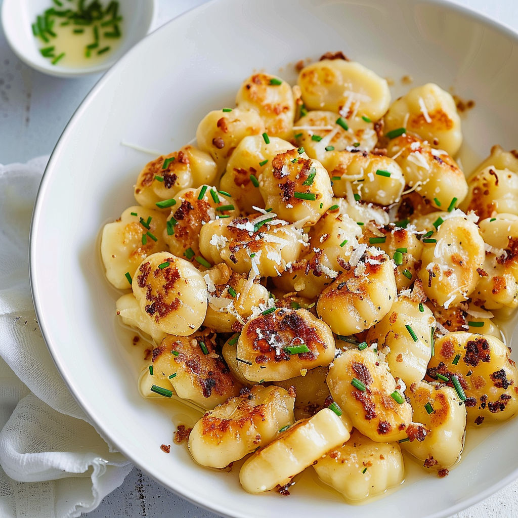 Assiette de gnocchis nappée de fromage et accompagnée d’herbes fraîches.