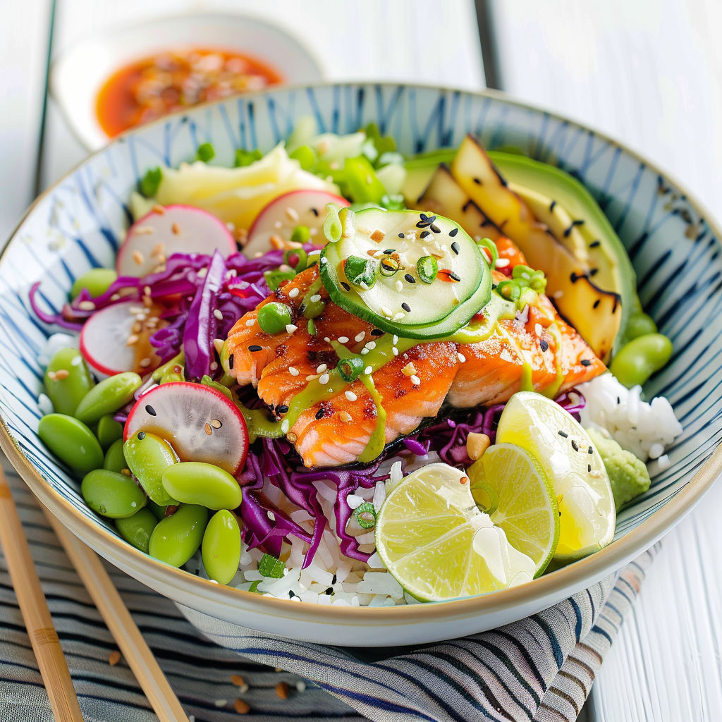 Un bol coloré de saumon, légumes croquants, avocat et concombre, garni de quartiers d’agrume.