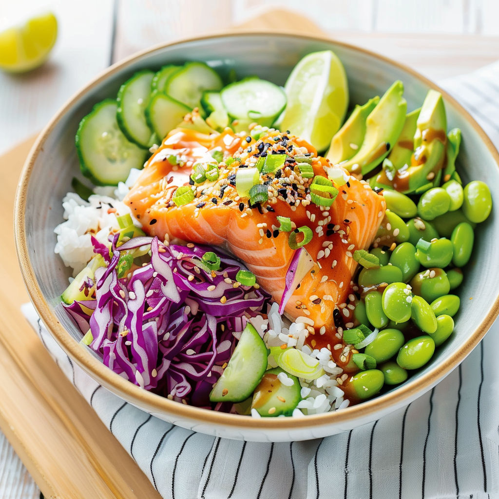 Un joli plat façon sushi, avec plein de légumes verts et du saumon frais.